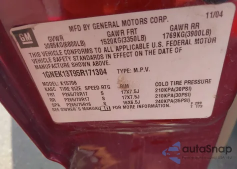 2005 Chevrolet Tahoe Z71 из США, поврежденный, VIN 1GNEK13T95R171304